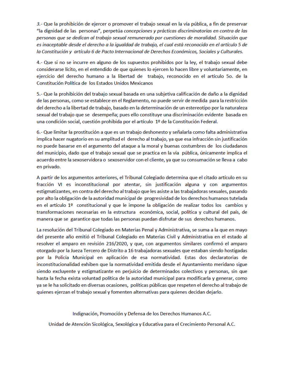 Trabajadoras sexuales ganan amparo a alcalde de Mérida