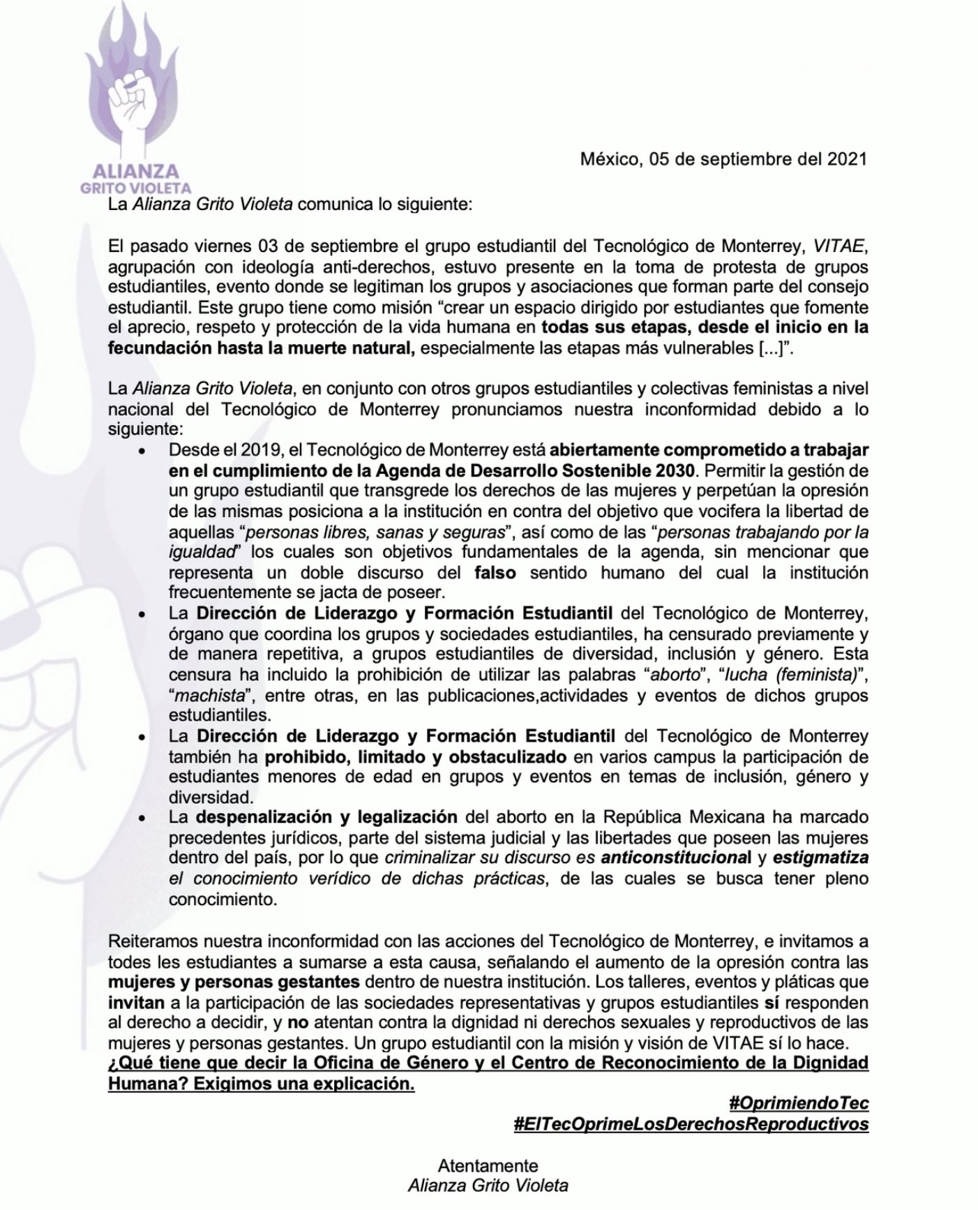 Tec de Monterrey censura a grupos estudiantiles feministas y LGBT+