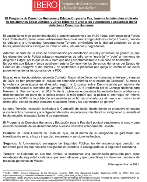 comunicado ibero torreon coahuila estudiantes policía homofobia maricón puto