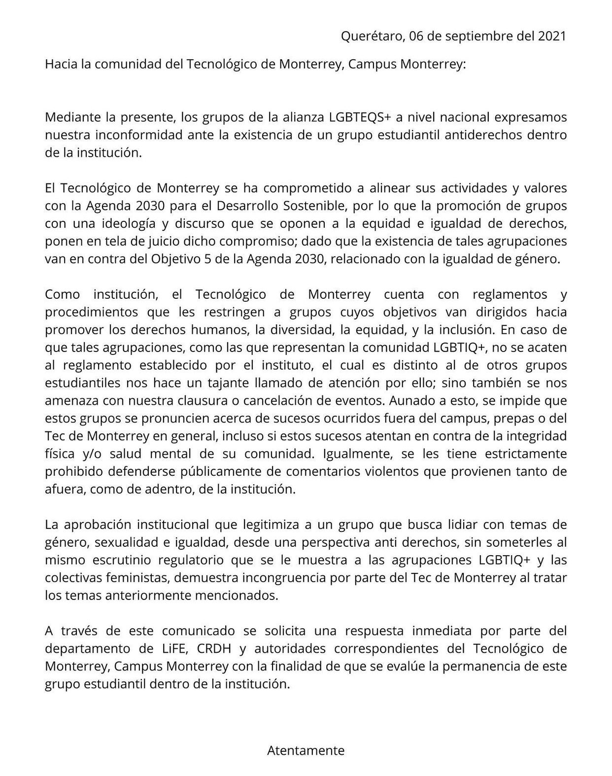 Comunicado de grupos estudiantiles LGBT+ del Tec de Monterrey contra Vitae