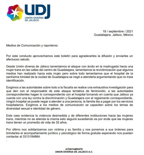 Comunicado UDJ sobre ataque a mujer trans.