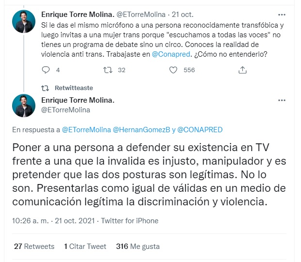 Postura de Enrique Torre Molina sobre Laurel Miranda y Ophelia Pastrana