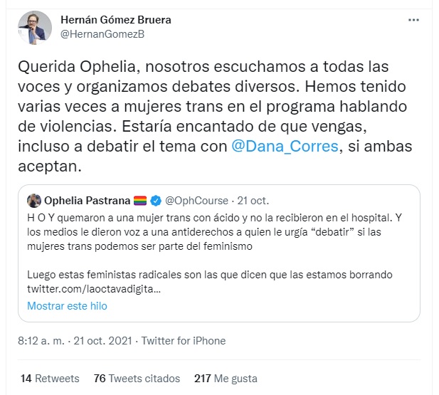 Hernán Gómez invita a Ophelia Pastrana a debatir