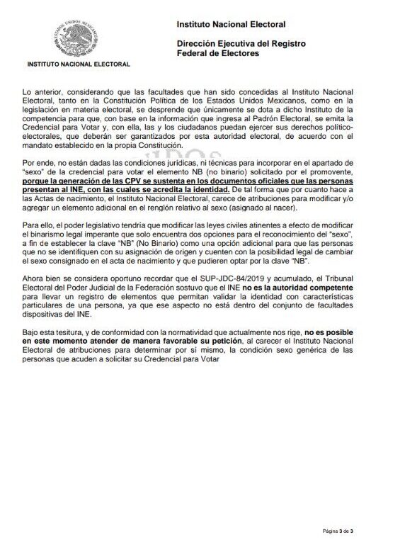 INE se niega a emitir credencial para persona no binaria