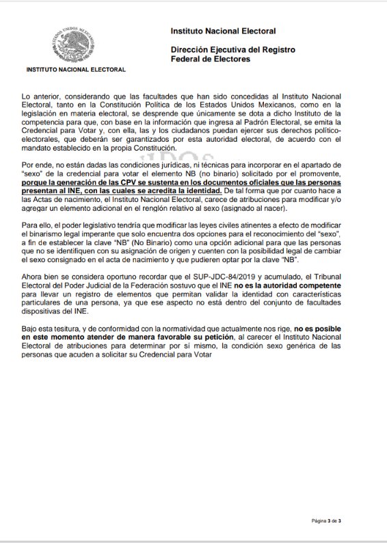 INE se niega a emitir credencial para persona no binaria