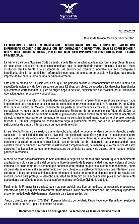 SCJN a favor de matrimonio de quienes viven con VIH