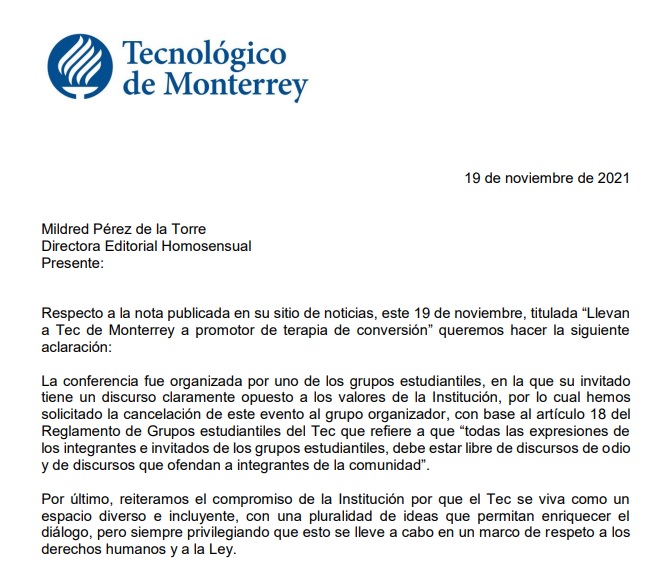 Carta del Tec de Monterrey por nota sobre 'terapias de conversión'