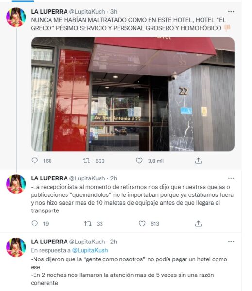Lupita Kush denuncia homofobia en Hotel Greco