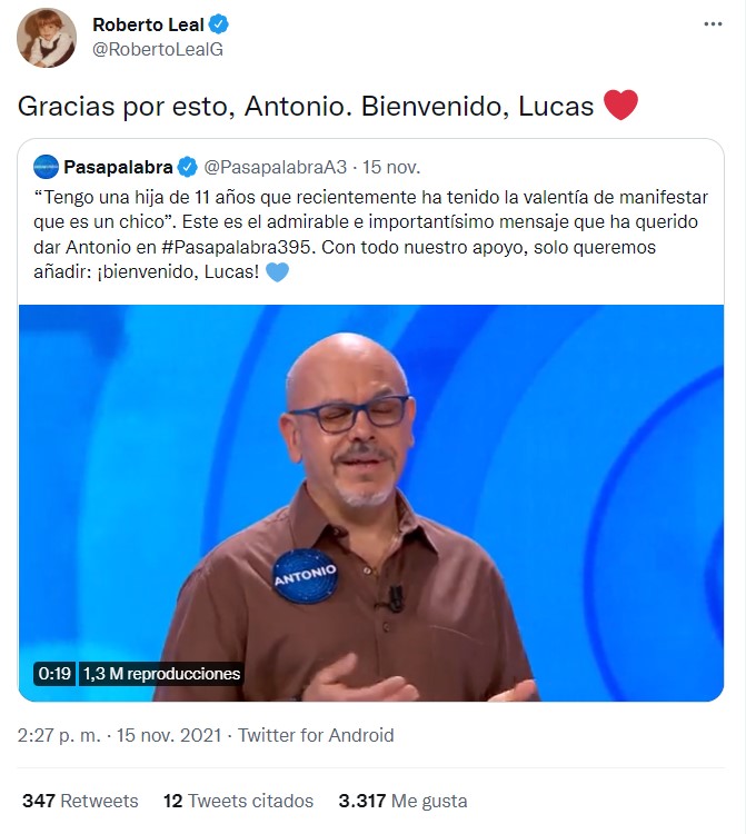 Roberto Leal conductor de Pasapalabra da bienvenida a hijo trans de concursante