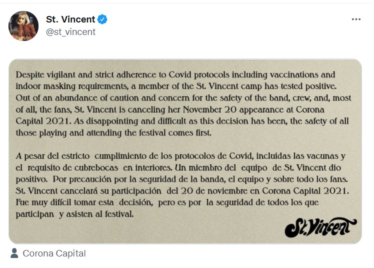 St. Vincent cancela concierto en Corona Capital