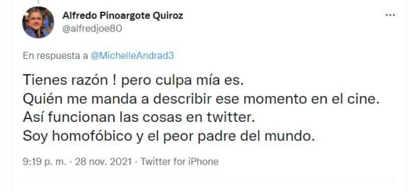 Tuit de Alfredo Pinoargote sobre Beso gay en Eternals