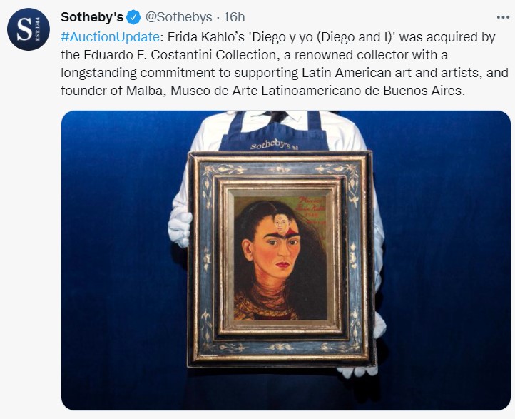 Auto retrato 'Diego y yo' de Frida Kahlo rompe récord de subasta.