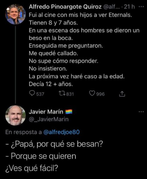 Tuit de Alfredo Pinoargote sobre Beso gay en Eternals