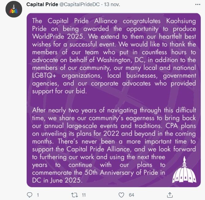 Así se dio a conocer que el WOrldPride 2025 se realizará en Taiwán