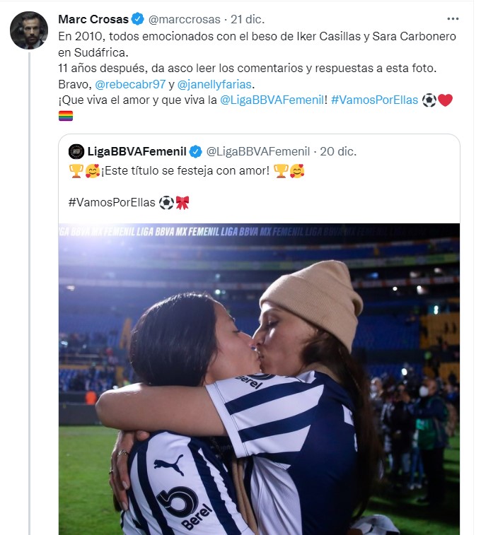 Tuit del ex futbolista Marc Crosas sobre el beso de Rebeca y Janelly