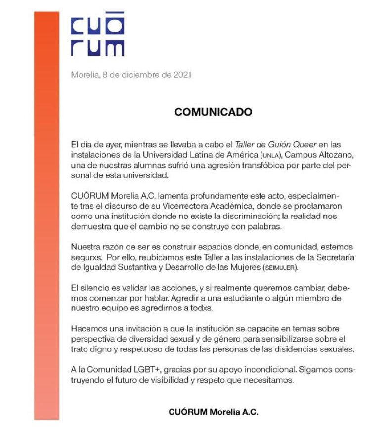 Agresión transóbica en UNLA Altozano