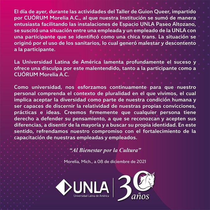 UNLA comunicado estudiante trans