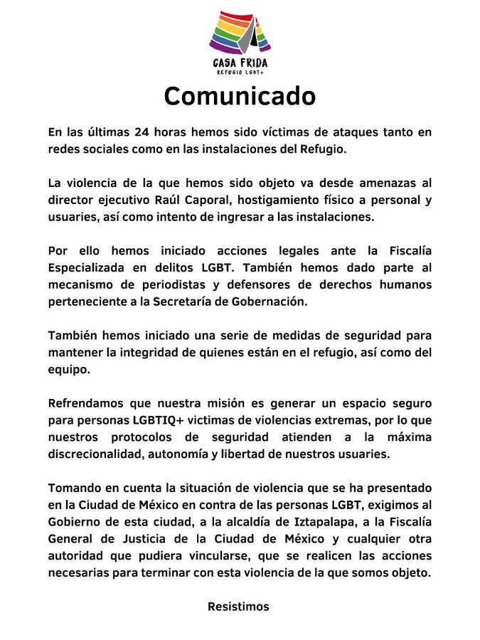 Comunicado sobre ataque a Casa Frida