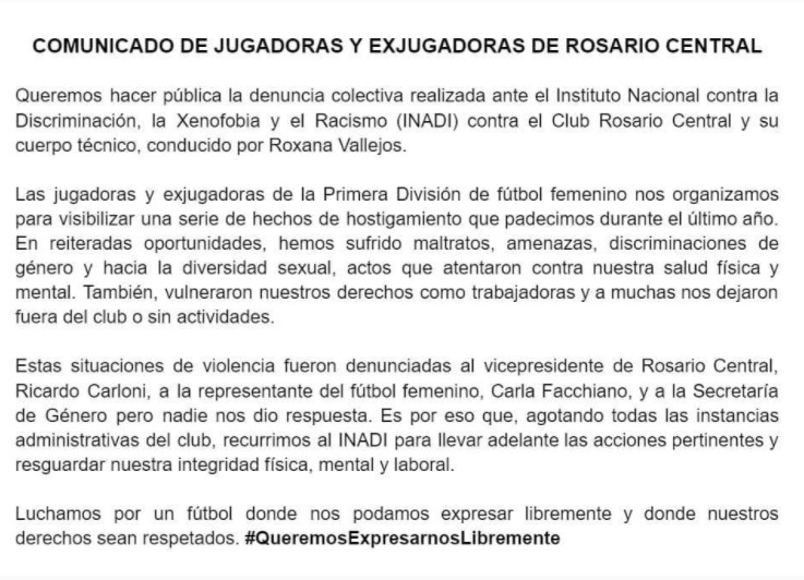 comunicado maira sanchez rosario central