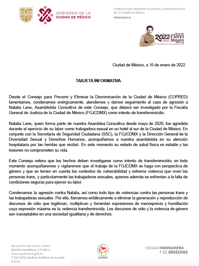 copred natalia lane intento transfeminicidio cdmx portales 16 enero 2022
