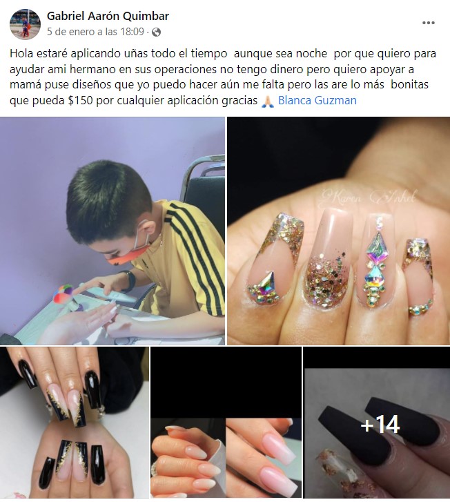 Gabriel Aarón Quimbar es un niño que pone uñas para juntar dinero par ala operación de su hermano pequeño