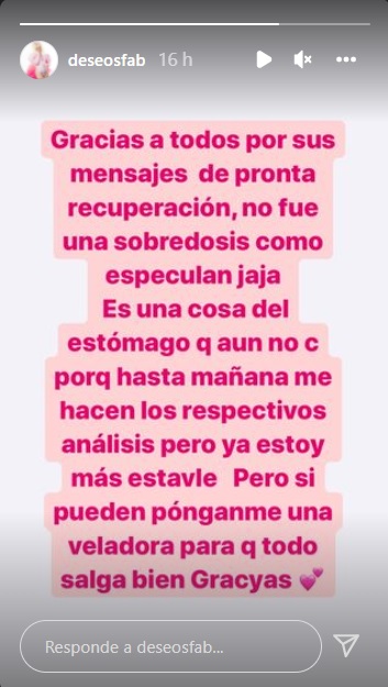 Mensaje de Deseos Fab sobre su hospitalización
