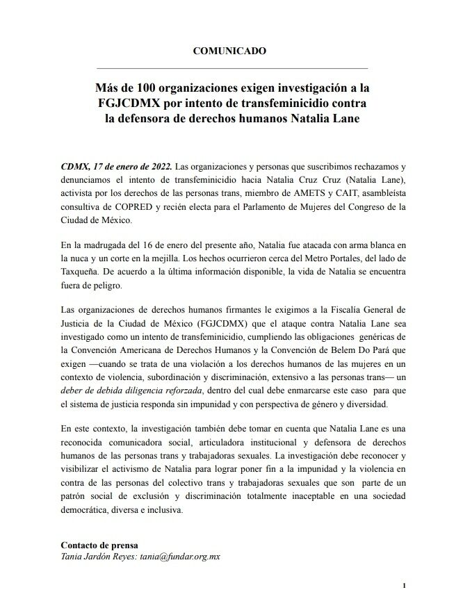 organizaciones natalia lane transfobia 16 enero 2022 cdmx portales