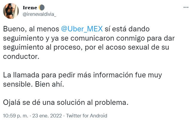 tuit irene valdivia acoso conductor uber