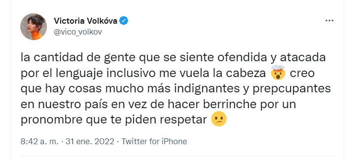 Victoria Volkóva tuitea sobre el lenguaje inclusivo