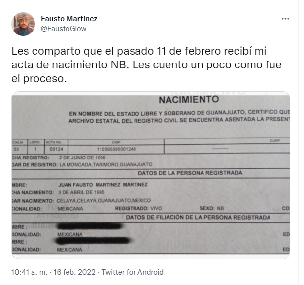 Acta de nacimiento de Fausto Martínez, persona no binaria