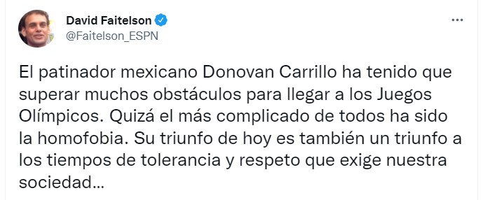 El periodista deportivo David Faitelson causó polémica por un tuit sobre el patinador mexicano Donovan Carrillo