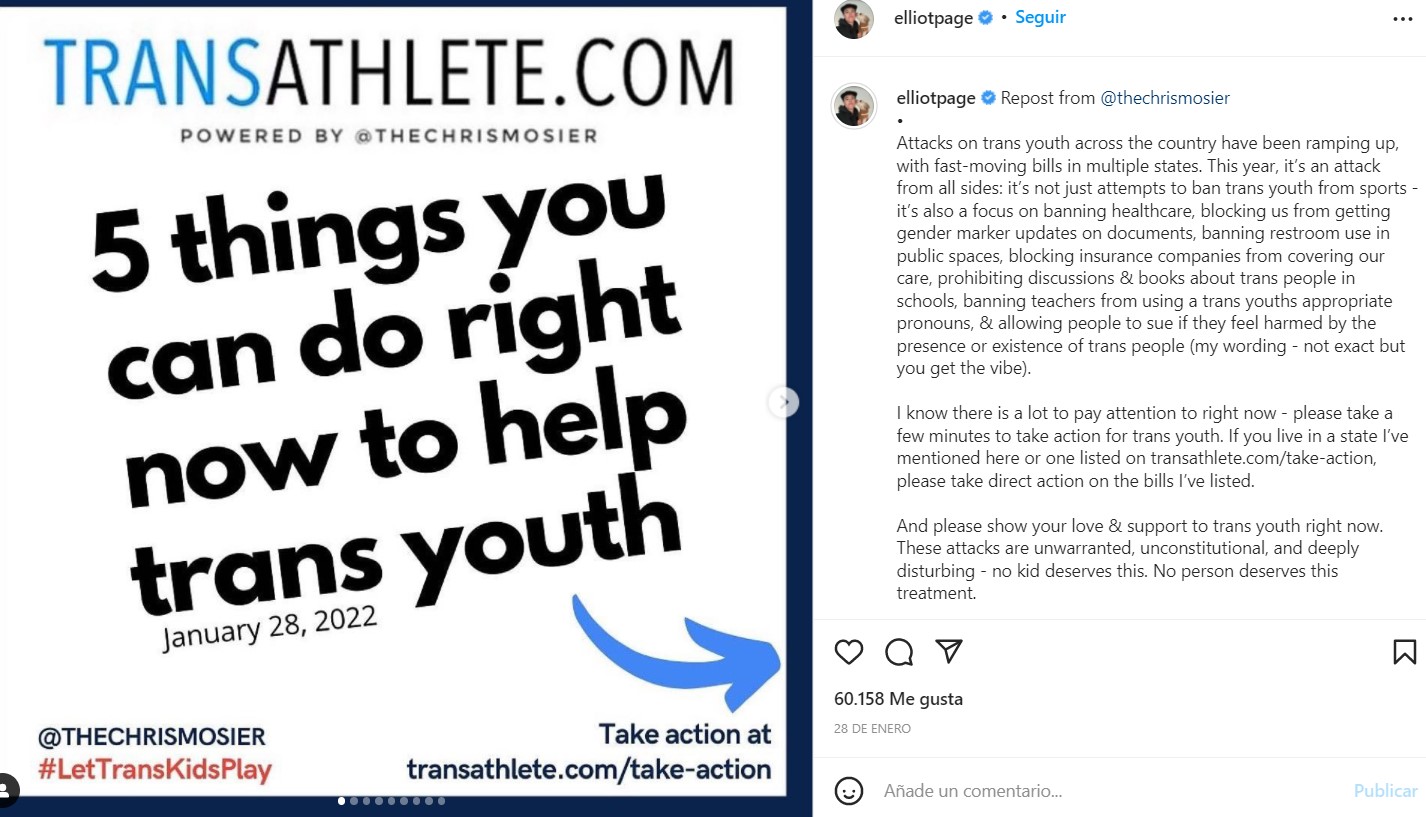 Elliot Page, actor trans, habla sobre los derechos de las personas trans