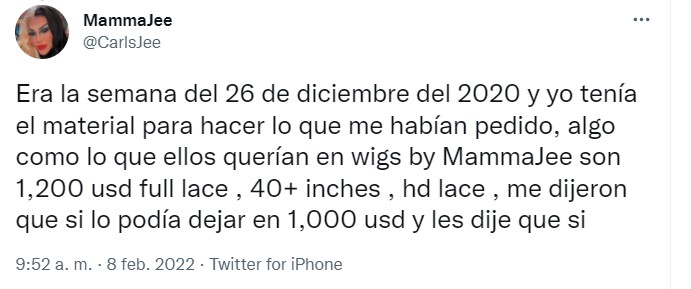 Carls Jee o Mamma jee publicó que Belinda le debía una peluca que le hizo en 2020