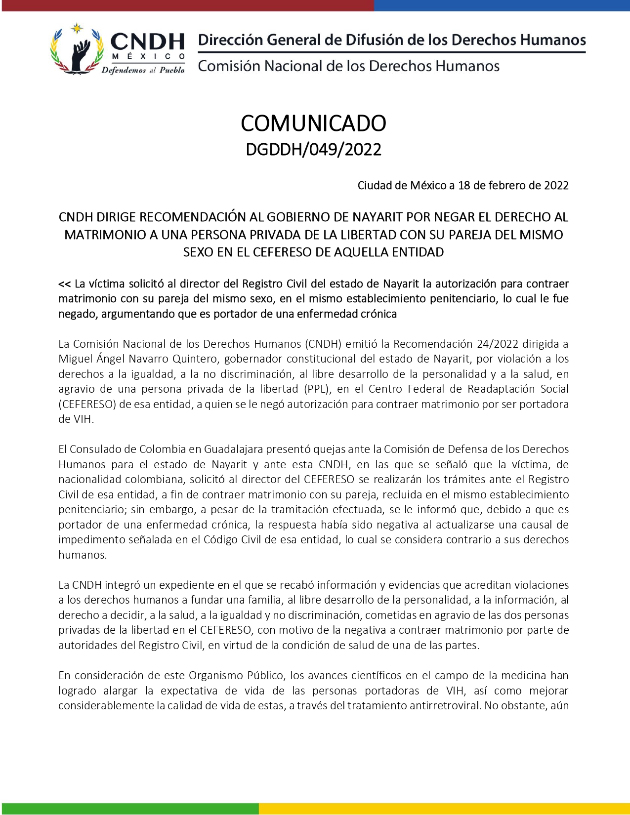 matrimonio igualitario VIH Nayarit Cndh prisión
