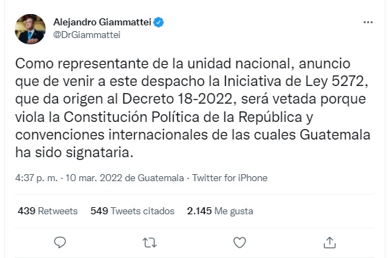 Presidente de Guatemala Alejandro Giammattei vetará la ley 5272