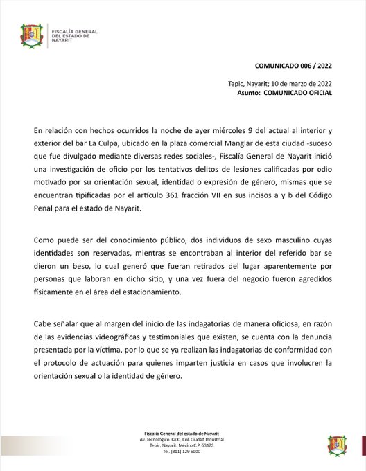 Fiscalía de Nayarit investiga discriminación a pareja gay por beso en bar la culpa de plaza manglar