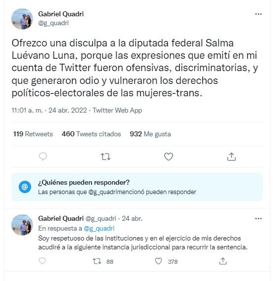 Disculpas de Gabriel Quadri a Salma Luévano