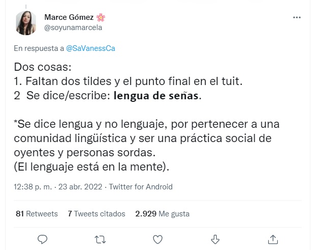 Tuit sobre lengua de señas