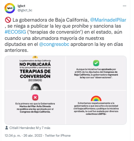 Marina del Pilar Ávila Olmeda no ha publicado reforma de Ecosig en Baja California