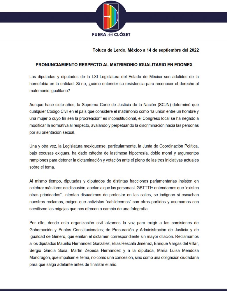 matrimonio igualitario estado de méxico dificultades fuera del clóset pronunciamiento 14 de septiembre 2022