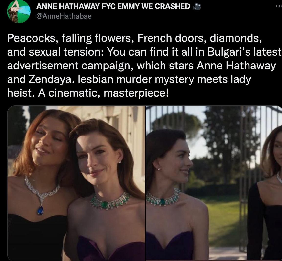 zendaya anne hathway historia lésbica corto bulgari Twitter