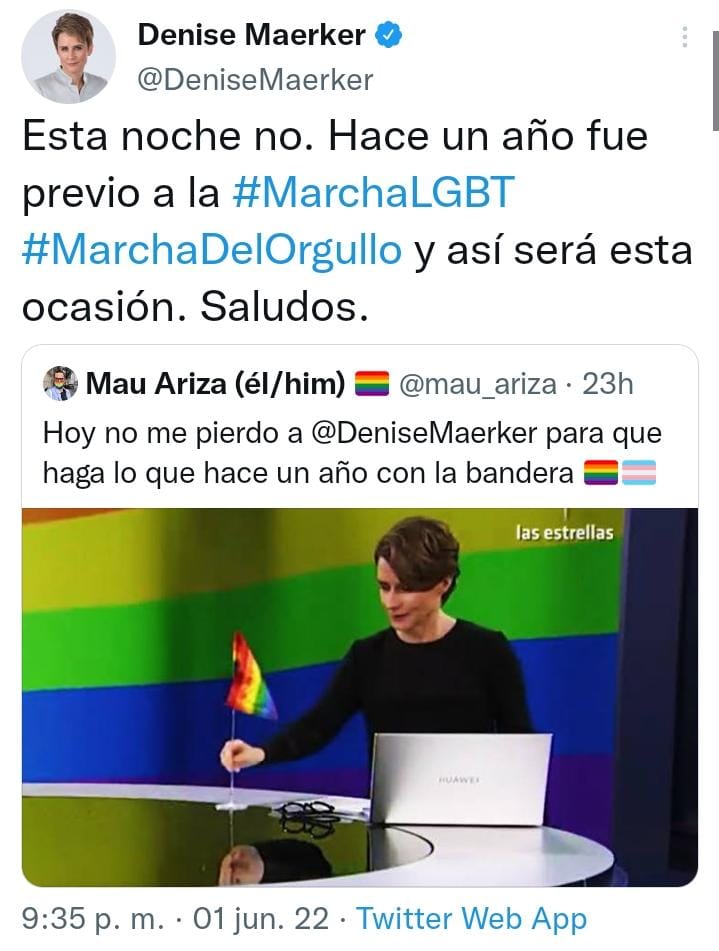 Denise Maerker tuit favor comunidad LGBT bandera