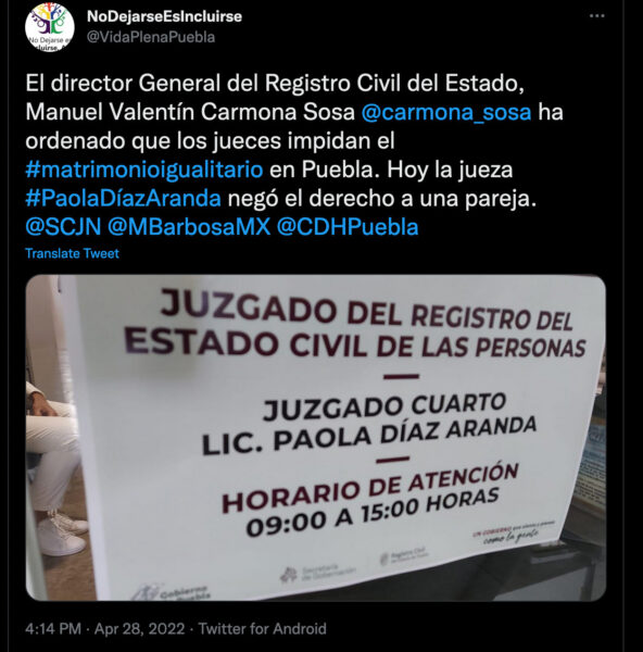 Emmanuel Romero Cázares y Alejandro Romero Cigarroa Registro civil Puebla discriminación casar Paola Díaz Aranda 28 abril 2022