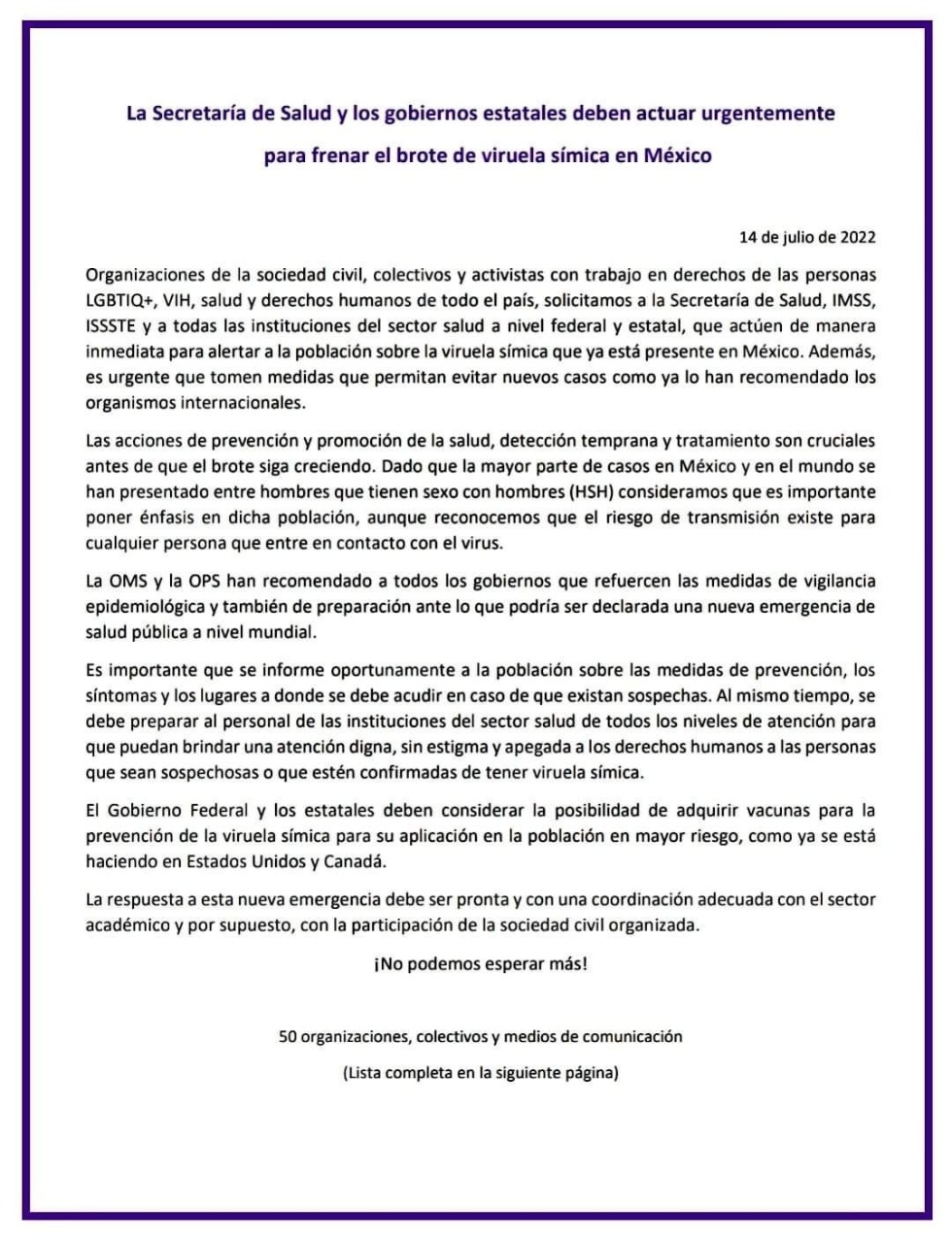 peticion sociedad civil monkeypox mexico