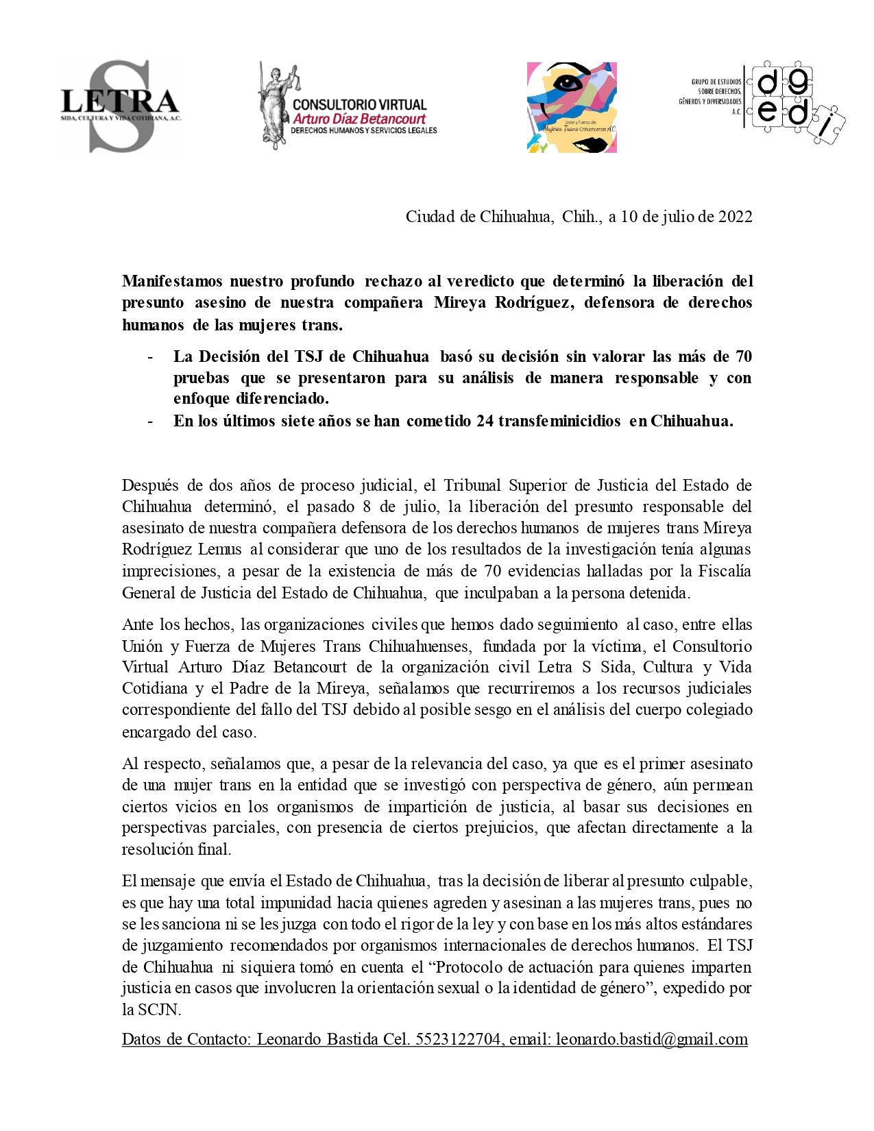 posicionamiento caso mireya rodríguez lemus impunidad