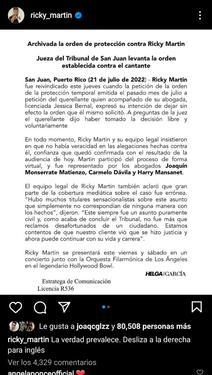 Comunicado de Ricky Martin por la demanda que hizo su sobrino hacia él