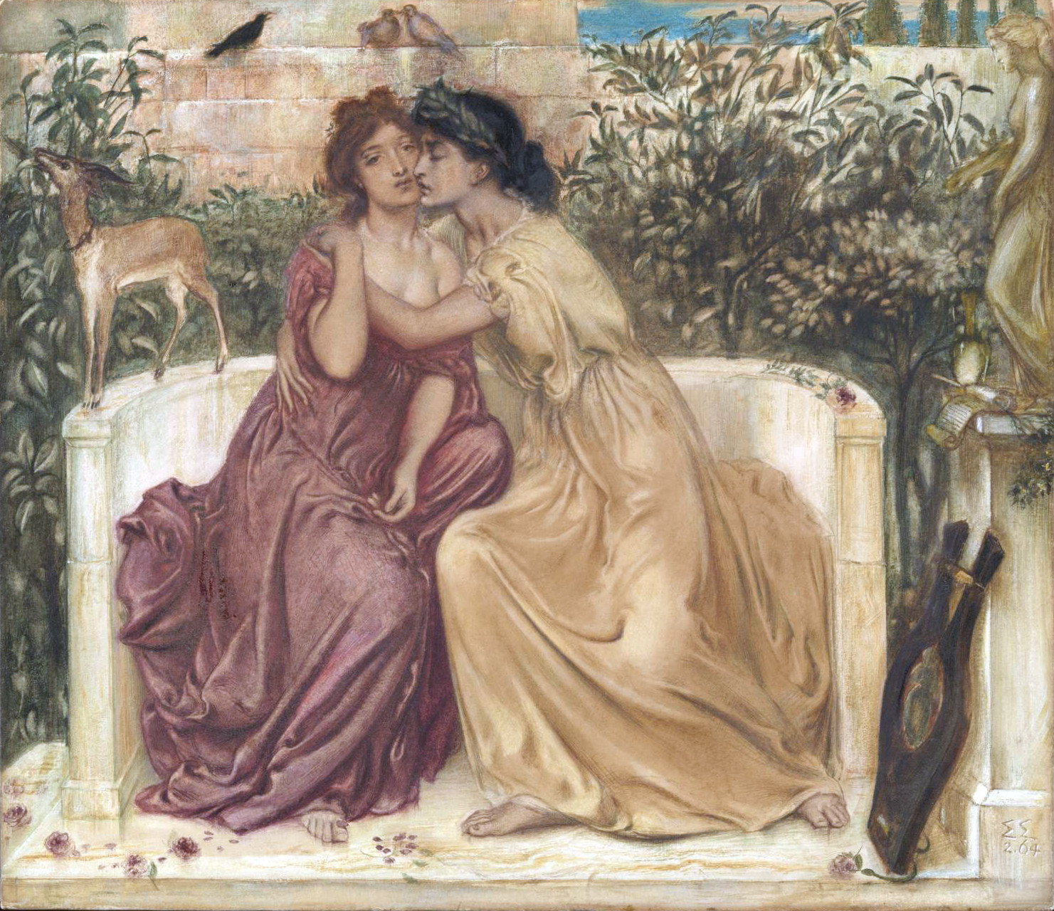 Sappho and Erinna in a Garden at Mytilene (Simeon Solomon, 1864) pinturas romances LGBT