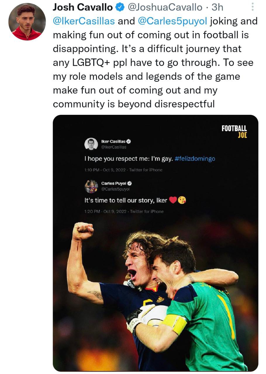 Josh cavallo reacción a tuit del exportero