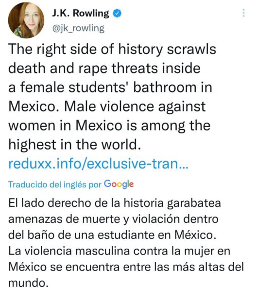 JK Rowling tuit sobre baños neutros drag