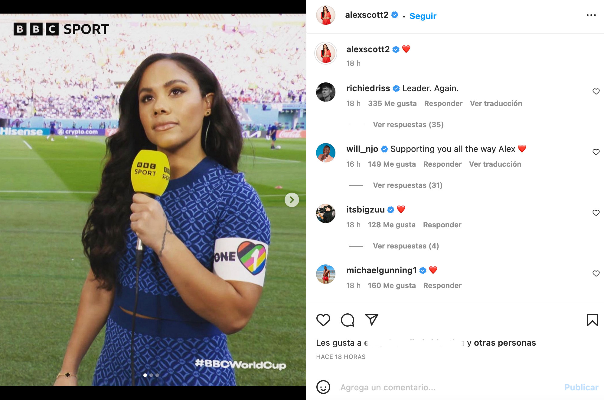 Alex Scott Copa Mundial de Futbol 2022 en Qatar brazalete arcoíris LGBT OneLove BBC